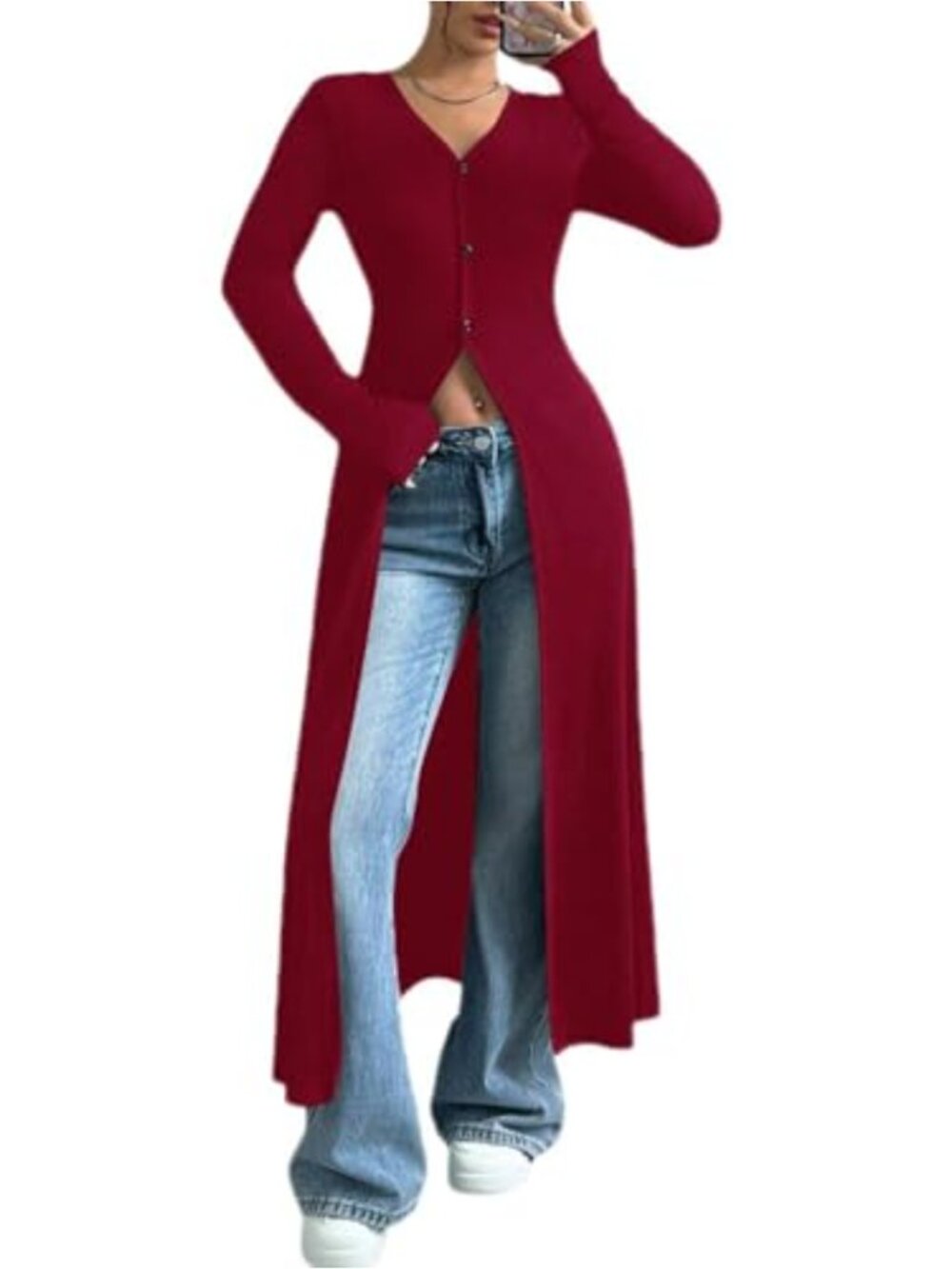 Ribbed Knit Button Down Long Cardigan V Neck Slit Open Front Sweater